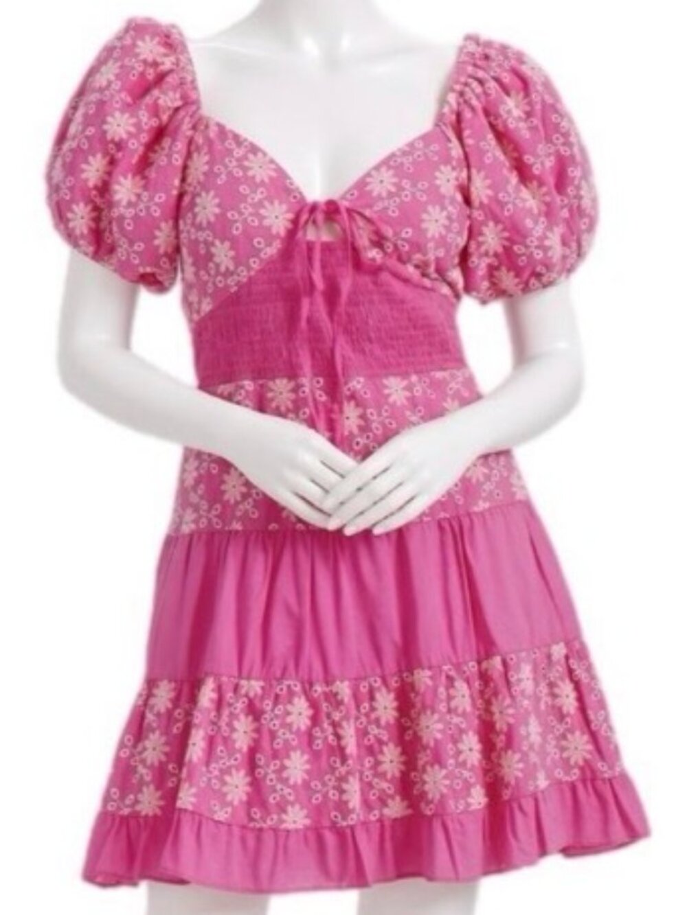 NWT Rubienn Pink Eyelet Puff Sleeve Smock Waist Cotton Mini Dress. Size S